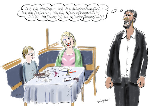 Cartoon: kinderfreundlich (medium) by woessner tagged cartoons,karikaturen,woessner,suggestion,autosuggestion,selbstsuggestion,mantra,einrede,sich,etwas,einreden,selbstbeherrschung,zusammenreissen,wut,ausflippen,unsozial,verwöhnt,kinderfreundlicher,italiener,restaurant,tischsitten,pubertät,toleranz,kinderlieb,helikoptereltern,helikoptermutter,italienisch,klischee,vorurteil,lokal,benehmen,ausrasten,danebenbenehmen,asozial