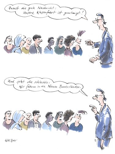 Cartoon: klassenfahrt (medium) by woessner tagged klassenfahrt,genehmigung,schule,schüler,lehrer,ost,west,neue,bundesländer,rechtsradikalismus,neonazi,ausländer,ausländerhass,rassismus,klassenfahrt,genehmigung,schule,schüler,lehrer,ost,west,neue,bundesländer,rechtsradikalismus,neonazi,ausländer,ausländerhass,rassismus