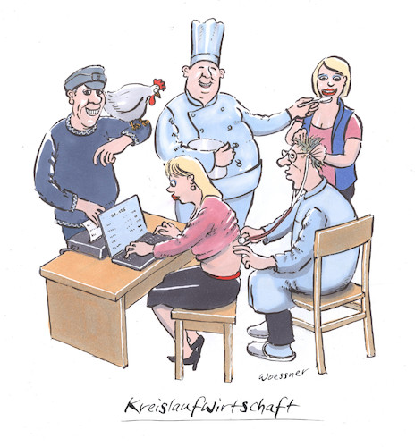 Cartoon: Kreislaufwirtschaft (medium) by woessner tagged woessner,karikaturen,cartoons,frisur,frisieren,haare,schneiden,kochen,arzt,abhören,stethoskop,abklopfen,untersuchen,untersuchung,patientin,diagnose,sekretärin,angestellte,sachbearbeiterin,pc,computer,ausdruck,kreislaufwirtschaft,wirtschaftskreislauf,nachhaltigkeit,symbiose,zusammenarbeit,synergie,synergieeffekte,wirtschaft,kreislauf,berufe,berufstätigkeit,bauer,huhn,koch,suppe,suppentopf,friseurin,frisöse,woessner,karikaturen,cartoons,frisur,frisieren,haare,schneiden,kochen,arzt,abhören,stethoskop,abklopfen,untersuchen,untersuchung,patientin,diagnose,sekretärin,angestellte,sachbearbeiterin,pc,computer,ausdruck,kreislaufwirtschaft,wirtschaftskreislauf,nachhaltigkeit,symbiose,zusammenarbeit,synergie,synergieeffekte,wirtschaft,kreislauf,berufe,berufstätigkeit,bauer,huhn,koch,suppe,suppentopf,friseurin,frisöse