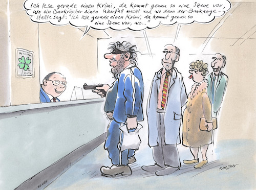 Cartoon: Krimi Banküberfall (medium) by woessner tagged woessner,karikaturen,cartoons,kriminaltät,verbrechen,kriminell,verbrecherisch,räuber,erpressung,drohung,schlange,polizei,buch,bücher,buchmesse,krimi,banküberfall,kriminalroman,bank,angestellte,kunden,bankräuber,dialog,literatur,dichtung,literat,dichter,schriftsteller,geldinstitut,bankangestellte,kasse,geldauszahlung,bankschalter,bankfiliale,woessner,karikaturen,cartoons,kriminaltät,verbrechen,kriminell,verbrecherisch,räuber,erpressung,drohung,schlange,polizei,buch,bücher,buchmesse,krimi,banküberfall,kriminalroman,bank,angestellte,kunden,bankräuber,dialog,literatur,dichtung,literat,dichter,schriftsteller,geldinstitut,bankangestellte,kasse,geldauszahlung,bankschalter,bankfiliale