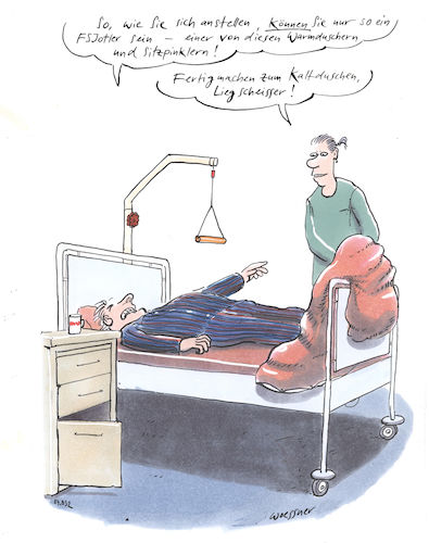 Cartoon: Liegscheisser (medium) by woessner tagged freimut,woessner,karikaturen,cartoons,medizin,krank,gesund,krankheit,gesundheit,gesundheitswesen,kaltduscher,warmduscher,sitzpinkler,geschlechterrolle,toilette,waschen,saubermachen,liegscheisser,patient,krankenbett,krankenhaus,pflegeheim,reha,pfleger,pflegerinnen,freiwilliges,soziales,jahr,fsj,krankenhauspersonal,zivi,autoritär,generationskonflikt,gender,männlich,weiblich,freimut,woessner,karikaturen,cartoons,medizin,krank,gesund,krankheit,gesundheit,gesundheitswesen,kaltduscher,warmduscher,sitzpinkler,geschlechterrolle,toilette,waschen,saubermachen,liegscheisser,patient,krankenbett,krankenhaus,pflegeheim,reha,pfleger,pflegerinnen,freiwilliges,soziales,jahr,fsj,krankenhauspersonal,zivi,autoritär,generationskonflikt,gender,männlich,weiblich