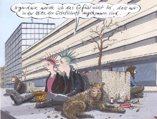 Cartoon: Mitte (medium) by woessner tagged society,gesellschaft,arbeitslos,unemployed,punk,hund,alkohol,gesellschaft,arbeitslos,strasse,abhängen,alkohol,hund,punk,punks,punker,arbeitsloser,mitte,arm,betteln,schnorren,jugendkultur,jugendszene,szene,ghettokids,kids,teenies,jugendliche,trebegänger,agenda 2010,soziale kälte,obdachlos,armut,hartz 4,hartz,sozialhilfe,agenda,2010,soziale,kälte,bettler,chancengleichheit,umverteilung,solidarität