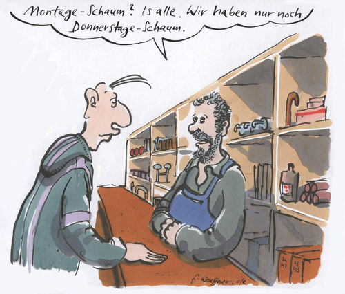 Cartoon: Montageschaum (medium) by woessner tagged woessner,cartoon,karikatur,handwerk,handwerker,nonsens,sprache,wortspiel,montageschaum,baumarkt,heimwerker,heimwerkermarkt,heimwerken,do,it,yourself,verkäufer,wochentage,donnerstag,baumaterial,bauen,bauarbeiter,monteur,montage,baustelle,woessner,cartoon,karikatur,handwerk,handwerker,nonsens,sprache,wortspiel,montageschaum,baumarkt,heimwerker,heimwerkermarkt,heimwerken,do,it,yourself,verkäufer,wochentage,donnerstag,baumaterial,bauen,bauarbeiter,monteur,montage,baustelle