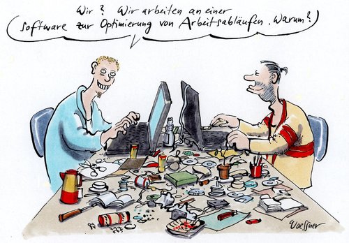 Cartoon: optimierung (medium) by woessner tagged otimierung,arbeitsabläufe,pc,computer,mac,software,entwicklung,programmierung,unordnung,systematisch,management,effektivität,organisation,otimierung,arbeitsabläufe,pc,computer,mac,software,entwicklung,programmierung,unordnung,systematisch,management,effektivität,organisation