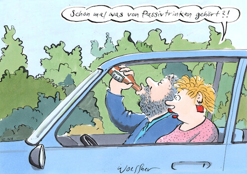 Cartoon: Passivtrinken (medium) by woessner tagged cartoons,karikaturen,woessner,mann,frau,geschlechterrolle,gender,geschlechterklischee,männlich,weiblich,vatertag,besäufnis,bechern,schluckspecht,alkoholkonsum,sucht,drogensucht,abhängigkeit,passivtrinken,alkoholismus,alkohol,trinker,säufer,saufen,strassenverkehr,autofahrer,beifahrer,passivrauchen,beeinflussung,beeinträchtigung,mitrinken,miterleben,mitgefühl