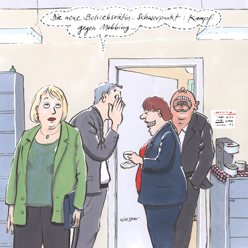 Cartoon: Schwerpunkt Mobbing (medium) by woessner tagged woessner,karikaturen,cartoons,betriebsrätinnen,betriebsräte,gewerkschaft,gewerkschaftlich,interessenvertretung,arbeiter,arbeitnehmer,arbeitsplatz,arbeitsrecht,betriebsverfassungsgesetz,mitbestimmung,schwerpunkt,mobbing,betriebsrat,betriebsrätin,firma,office,kolleginnen,kollegen,niederträchtigkeit,gemeinheit,intrige,mobben,gemein,intigant,niederträchtig,unkollegial,angestellte,betrieb,woessner,karikaturen,cartoons,betriebsrätinnen,betriebsräte,gewerkschaft,gewerkschaftlich,interessenvertretung,arbeiter,arbeitnehmer,arbeitsplatz,arbeitsrecht,betriebsverfassungsgesetz,mitbestimmung,schwerpunkt,mobbing,betriebsrat,betriebsrätin,firma,office,kolleginnen,kollegen,niederträchtigkeit,gemeinheit,intrige,mobben,gemein,intigant,niederträchtig,unkollegial,angestellte,betrieb