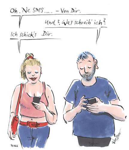 Cartoon: SMS (medium) by woessner tagged sms,handy,smartphone,iphone,mobile,internet,kommunikation,telefon,beziehung,gespräch,brief,jugend,piraten,konsum,sms,handy,smartphone,iphone,mobile,internet,kommunikation,telefon,beziehung,gespräch,brief,jugend,piraten,konsum