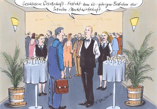 Cartoon: Soziale Marktwirtschaft (medium) by woessner tagged 60,jahre,soziale,marktwirtschaft,arbeiter,gerechtigkeit,empfang,gesellschaft,marktwirtschaft,gerechtigkeit,empfang,gesellschaft,lobby,lobbyist,auswahl,selektion,ausweisung,aufnahme,zutritt,sozial,jubiläum,oberschicht,unterschicht,mittelschicht,proletariat,klassengemeinschaft,schere,kluft