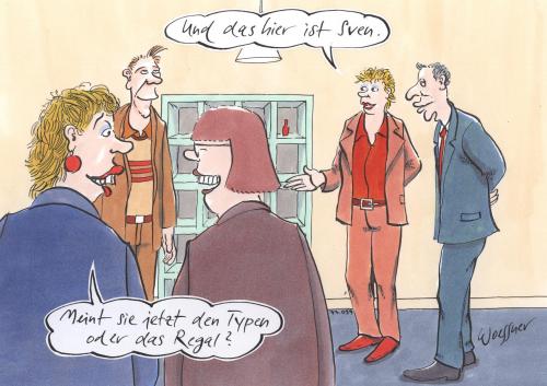 Cartoon: Wer? (medium) by woessner tagged home,man,woman,furniture,ikea,mann,frau,party,mann,frau,gesellschaft,gruppe,small,talk,kennenlernen,vorstellen,verhalten,party,fete,ikea,schrank,regal,möbel,name,sven,personifizierung,marke,feier,empfang,einladung,hausball,zusammenkunft,begleitung,billy