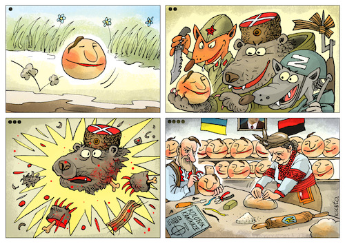 Cartoon: Kolobok kamikaze (medium) by kusto tagged strip,war,ukraine,strip,war,ukraine