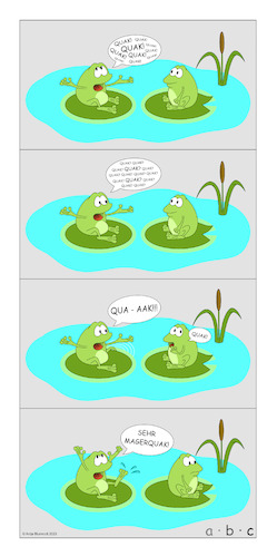 Cartoon: Quaak? (medium) by a-b-c tagged frösche,frosch,teich,tümpel,unterhaltung,tiere,plausch,quark,kommunikation,quaken,introvertiert,extrovertiert,see,wasser,konversation,gespräch,smalltalk,abc,frösche,frosch,teich,tümpel,unterhaltung,tiere,plausch,quark,kommunikation,quaken,introvertiert,extrovertiert,see,wasser,konversation,gespräch,smalltalk,abc