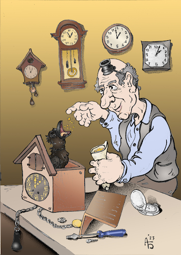 Cartoon: Uhrmacher (medium) by Back tagged pflege,wartung,haustier,verhütung,reparatur,uhrmacher,uhr,zeitgeber,zeit,time,watch,clock,pet