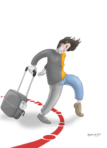 Cartoon: - (medium) by hamitgis tagged cartoon,karikatur,hamit,hamitgis,gis,goc,gocmen,multeci,sinir,sinirgecisi,yolculuk,bavul,kimlik,degisim,aidiyet,yenihayat,migration,migrant,refugee,border,crossing,journey,suitcase,identity,change,belonging,newlife