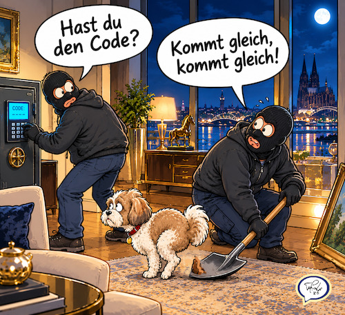 Cartoon: Der Bruch (medium) by TomPauLeser tagged einbrecher,diebstahl,safe,code,codeschlüssel,pin,geheimnummer,maskierte,loft,geldschrank,wertsachen,räuber,kriminalität