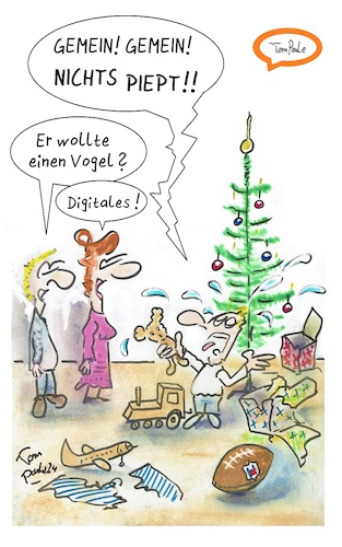 Cartoon: Es muss piepen! (medium) by TomPauLeser tagged piep,vogel,weihnachten,geschenk,verpackung,geschenpapier,tannenbaum,bescherung,digital,elektronik,spielzeug,töne,gemein,football,holzlok,holzeisenbahn,holzspielzeug