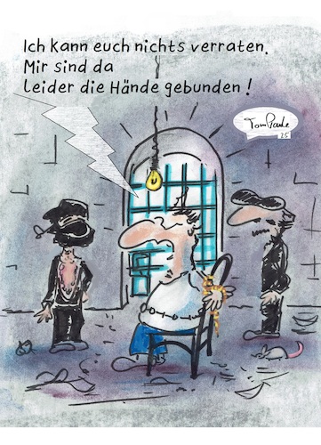 Cartoon: Fesselnd (medium) by TomPauLeser tagged fesseln,fesselnd,folter,entführung,keller,gewölbe,schlapplachsachen,entführer,verrat,tompaule,cartoon,cartoonbild,humor,satire,amnestie