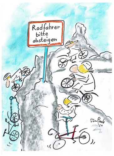 Cartoon: Gipfeltreffen (medium) by TomPauLeser tagged mountainbike,bike,rennrad,fahrrad,rad,radfahren,radfahrer,absteigen,verkehrsschild,berge,alpin,trekkingbike,trekkingfahrrad,geröllbergspitze,gipfel,gipfeltreffen