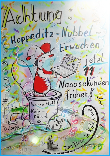 Cartoon: Hoppeditz erwachen (medium) by TomPauLeser tagged hoppeditz,nubbel,karneval,narr,närrisch,konfetti,luftschlange,rhein,düsseldorf,köln,fernsehturm,rheinturm,dom,laptop,nano,nanosekunde,erdrotation,zeit