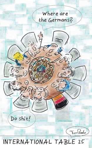 Cartoon: International table (medium) by TomPauLeser tagged important,topics,medicine,education,specialists,schlapplachsachen,tompaule,violence,prevention,and,much,more,satire