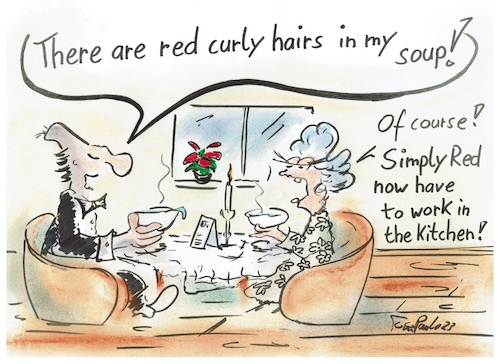Cartoon: Red curly hairs (medium) by TomPauLeser tagged red,curly,hairs,mick,hucknall,simply,restaurant,kitchen,cook,cooking,candle,candel,cadellightdinner,candlelightdinner,table,tablecloth,soup