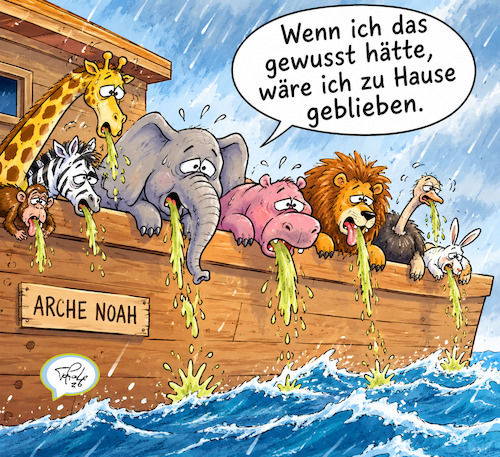 Cartoon: Tierwohl (medium) by TomPauLeser tagged tiere,arche,noah,übelkeit,seekrank,unwohl,unwohlsein,tierwohl,tierleid,bibelthema