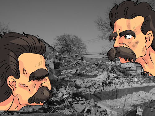 Cartoon: Nietzsche in ruins. (medium) by laodu tagged nietzsche,intellectual,china,philosophy,urbanization
