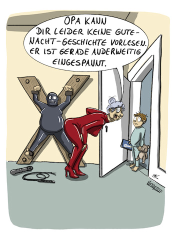 Cartoon: Eingespannt (medium) by SandraNabbefeld tagged cartoon,cartoonist,cartoonistin,humor,satire,lustig,absurd,alter,altwerden,bestager,oma,opa,großmutter,großvater,enkel,kind,latex,gummi,gummianzug,catsuit,andreaskreuz,sklave,domina,meister,herrin,gutenachtgeschichte,eingespannt,angebunden,beschäftigt,ausrede,vertuschung,vertuschen,peitsche,sandranabbefeld,nabbefeld,nabbefeldcartoon,cartoonlobby,rheinischehumorverwaltung,cartoon,cartoonist,cartoonistin,humor,satire,lustig,absurd,alter,altwerden,bestager,oma,opa,großmutter,großvater,enkel,kind,latex,gummi,gummianzug,catsuit,andreaskreuz,sklave,domina,meister,herrin,gutenachtgeschichte,eingespannt,angebunden,beschäftigt,ausrede,vertuschung,vertuschen,peitsche,sandranabbefeld,nabbefeld,nabbefeldcartoon,cartoonlobby,rheinischehumorverwaltung