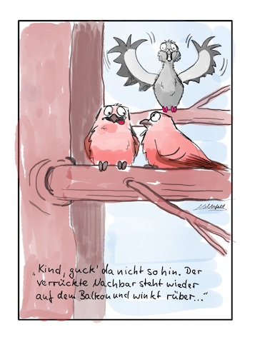 Cartoon: Verrükter Nachbar (medium) by SandraNabbefeld tagged cartoon,cartoonist,comic,comicstyle,vöegel,vogel,taube,spatz,baum,natur,ast,nachbar,humor,lustig,witzbild,absurd,absurdes,winken,freundlich,verrückt,verstohlen