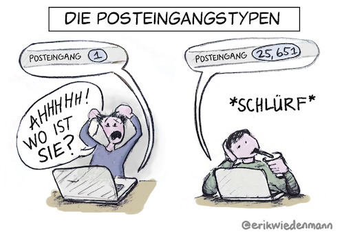 Cartoon: Die Posteingangstypen DE (medium) by erikwiedenmann tagged posteingang,produktivitaet,organisation,gmail,inbox,vergleich