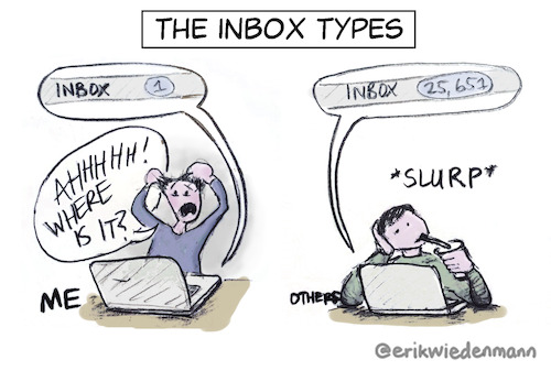 Cartoon: The Inbox Types EN (medium) by erikwiedenmann tagged inbox,contrast,comparison,zero,productivity,organization,organisation,panic,relaxed