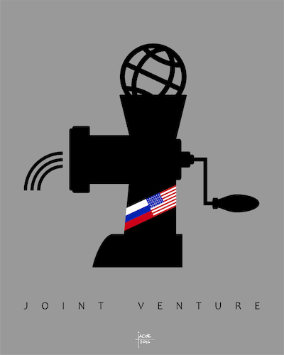 Cartoon: Joint Venture (medium) by Büro für gehobenen Unfug tagged krieg,usa,russland,jointventure,fleischwolf