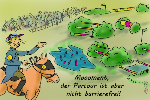 Cartoon: Barrierefreier Hindernis-Parcour (medium) by Arni tagged barriere,behindert,beeinträchtigt,wahrnehmung,sinne,teilhabe,hindernis,sport,pferd,reiten,pferde,ritt,olympia,paralympics