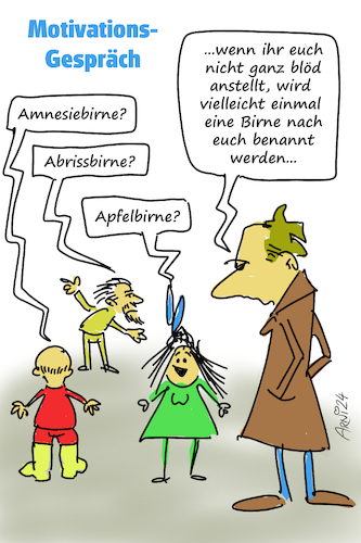 Cartoon: Berliner Motivationsgespräch (medium) by Arni tagged berlin,regierung,koalition,beeratung,motivation,gespräch,coaching,birne,grün,gelb,rot,spd,grüne,fdp,intelligenz