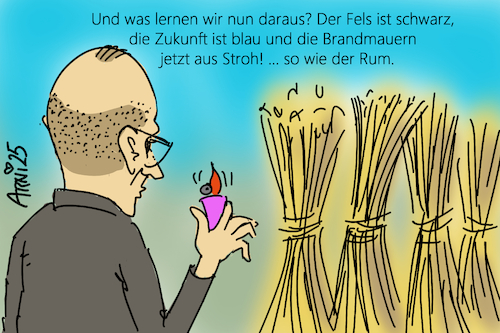 Cartoon: Brandmauern aus Stroh (medium) by Arni tagged friedrich,merz,csu,cdu,brandmauer,brandmauern,österreich,söder,stroh,strohrum,rum,feuerzeug,brand,zündeln,blau,schwarz,rock,black,blackrock,afd,weidel,wahl,partei,bündnis,parteien,wahlkampf,versprechen