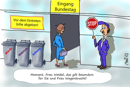 Cartoon: Bundestags-Zoll (medium) by Arni tagged zoll,bundestag,werte,mülltonne,weidel,wagenknecht,chrupalla,politiker,parteien,afd,linke,spd,cdu,grüne,fdp,stopp,stop,würde,wahrheit,selbstachtung,achtung,lobby,sahra,alice