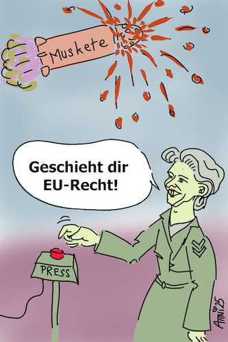 Cartoon: Cyberwar statt Cybertruck (medium) by Arni tagged eu,ursula,von,der,leyen,restriktionen,gegen,trump,elon,musk,rakete,explosion,schadenfreude,roter,knopf,missgunst,miß,überlegenheit,technik,truck,weltraum,versuch,missglückt,explodiert,luft,start,landung,brüssel,muskete,musketeer,musketier