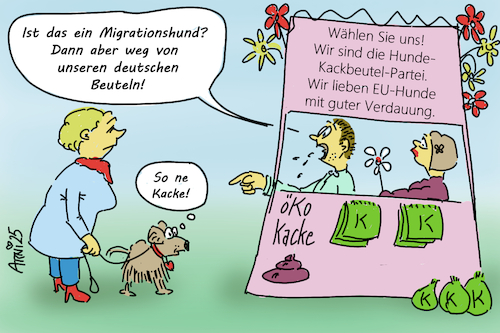 Cartoon: Neue Wahl in alten Beuteln (medium) by Arni tagged hundebeutel,wahl,deutschland,parteien,eu,wett,öko,kacke,scheisse,kacken,hund,notdurft,kandidaten,kandidatin,kandidat,wahltag,briefwahl,stand,politik,politiker,migrant,migrantin,migration,ausländer,einwanderung