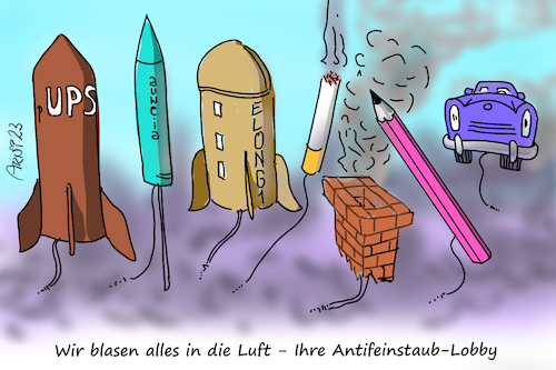Cartoon: Wir blasen alles in die Luft (medium) by Arni tagged lobby,feinstaub,blasen,luft,verschmutzung,rakete,raketen,auto,autos,zigaretten