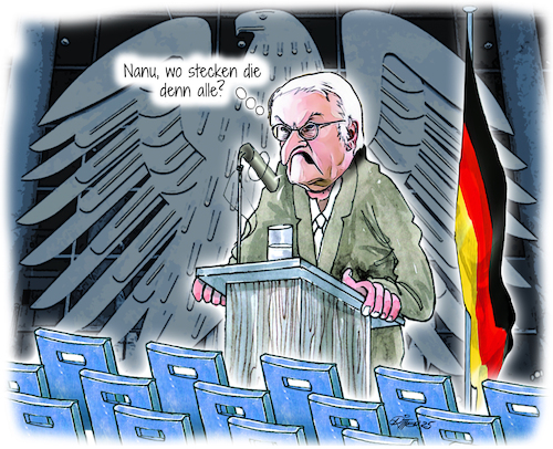 Cartoon: Bundesuhu vor leeren Stühlen (medium) by Ritter-Cartoons tagged richterwahl,bundesuhu,mahnt,zu,koolutionsfrieden,richterwahl,bundesuhu,mahnt,zu,koolutionsfrieden