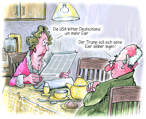 Cartoon: Eierknappheit in den USA (medium) by Ritter-Cartoons tagged eierknappheit,in,den,usa,vogelgrippe,wirtschaft,handel,zölle,tramp,eierknappheit,in,den,usa,vogelgrippe,wirtschaft,handel,zölle,tramp