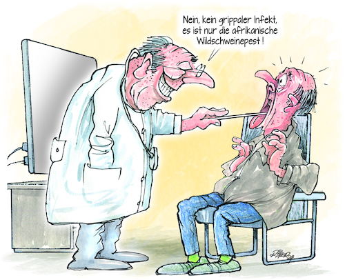 Cartoon: Harmlose Diagnose (medium) by Ritter-Cartoons tagged ärztliche,diagnose,arzt,krankheit,wildschweinepest,untersuchung,praxis,ärztliche,diagnose,arzt,krankheit,wildschweinepest,untersuchung,praxis