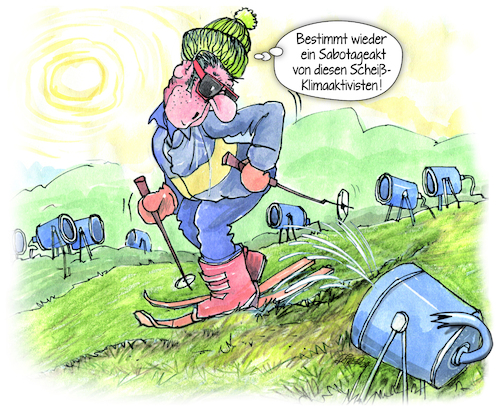 Cartoon: Skiurlaub (medium) by Ritter-Cartoons tagged skiurlaub,klimaaktivisten,sabotageakt,schneekanonen,skiurlaub,klimaaktivisten,sabotageakt,schneekanonen