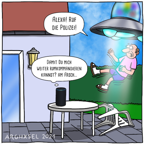 Cartoon: Alexa und Aliens (medium) by Arghxsel tagged alexa,hilfe,polizei,aliens,ausserirdische,entführung,nutzlos,befehl,weigerung,alexa,hilfe,polizei,aliens,ausserirdische,entführung,nutzlos,befehl,weigerung,ki,ai