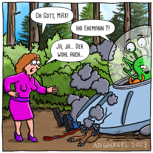 Cartoon: Alien vs Hund und Mann (medium) by Arghxsel tagged hund,beziehung,mann,ufo,alien,unfall,ehefrau,notlandung,unglück,verletzt,tot