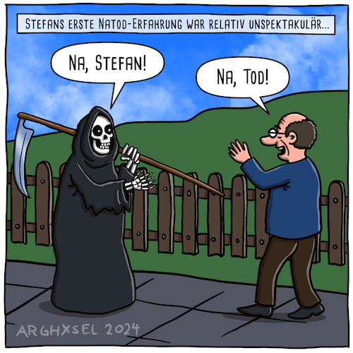 Cartoon: Na_Tod_Erfahrung Nahtoderfahrung (medium) by Arghxsel tagged tod,sensenmann,sterben,nahtoderfahrung,grüßen,begrüssung,begegnung,tod,sensenmann,sterben,nahtoderfahrung,grüßen,begrüssung,begegnung