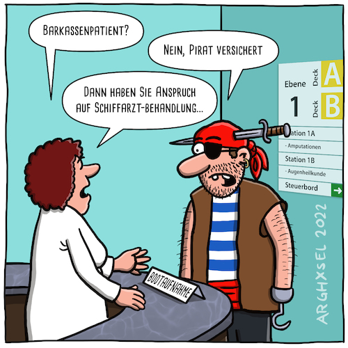 Cartoon: Pirat versichert (medium) by Arghxsel tagged krankenhaus,notaufnahme,unfall,arzt,klinik,notfall,krankenwagen,krankenschwester,pfleger,krankenkasse,patientin,privatversicherung,pirat,schiffsarzt,freibeuter,boot,krankenhaus,notaufnahme,unfall,arzt,klinik,notfall,krankenwagen,krankenschwester,pfleger,krankenkasse,patientin,privatversicherung,pirat,schiffsarzt,freibeuter,boot