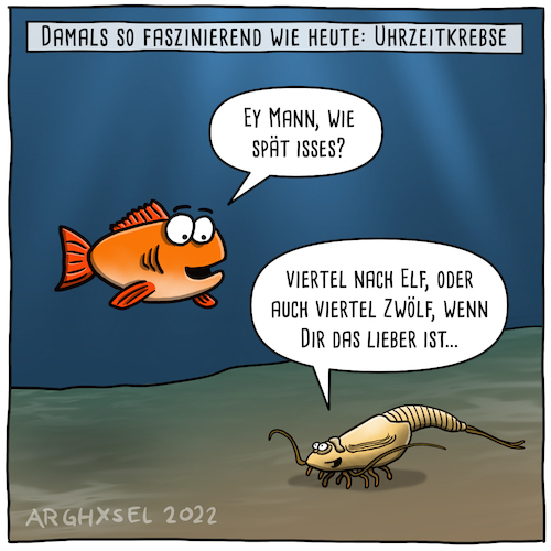 Cartoon: Wie spät ist es (medium) by Arghxsel tagged uhr,zeit,urzeit,krebs,fisch,uhr,zeit,urzeit,krebs,fisch