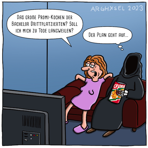 Cartoon: Zu Tode gelangweilt (medium) by Arghxsel tagged fernsehen,tod,todlangweilig,fernsehprogramm,bachelor,promikochen