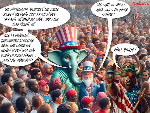 Cartoon: 100 Tage - Amerika wieder groß! (medium) by MorituruS tagged usa,us,regierung,administration,präsident,donald,trump,elon,musk,doge,sparkurs,migrationspolitik,klimaabkommen,beamte,entlassungen,inflation,rezession,zölle,zollpolik,china,notenbank,wachstum,kürzungen,universitäten,harvard,yale,sozialversicherung,frieden,ukraine,demokratie,ausweisungen,rückführung,mexiko,gefängnis,el,salvador,guantanamo,cartoon,karikatur,moriturus