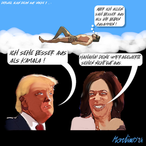 Cartoon: Allein auf Wolke 7 - Alain Delon (medium) by MorituruS tagged donald,trump,us,wahl,comeback,election,beauty,schoenheit,stop,the,steal,stolen,republikaner,kamala,harris,demokratin,kandidatin,alain,delon,schauspieler,frankreich,gestorben,karikatur,cartoon,moriturus